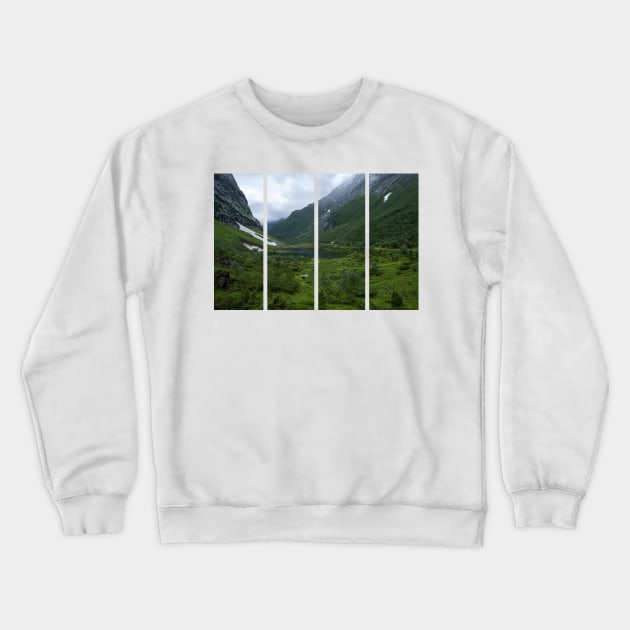 Wonderful landscapes in Norway. Vestland. Beautiful scenery of Urasetra and surroundings. Cows, lake, road and snowed mountain. Paradise and heaven. Cloudy day Crewneck Sweatshirt by fabbroni-art